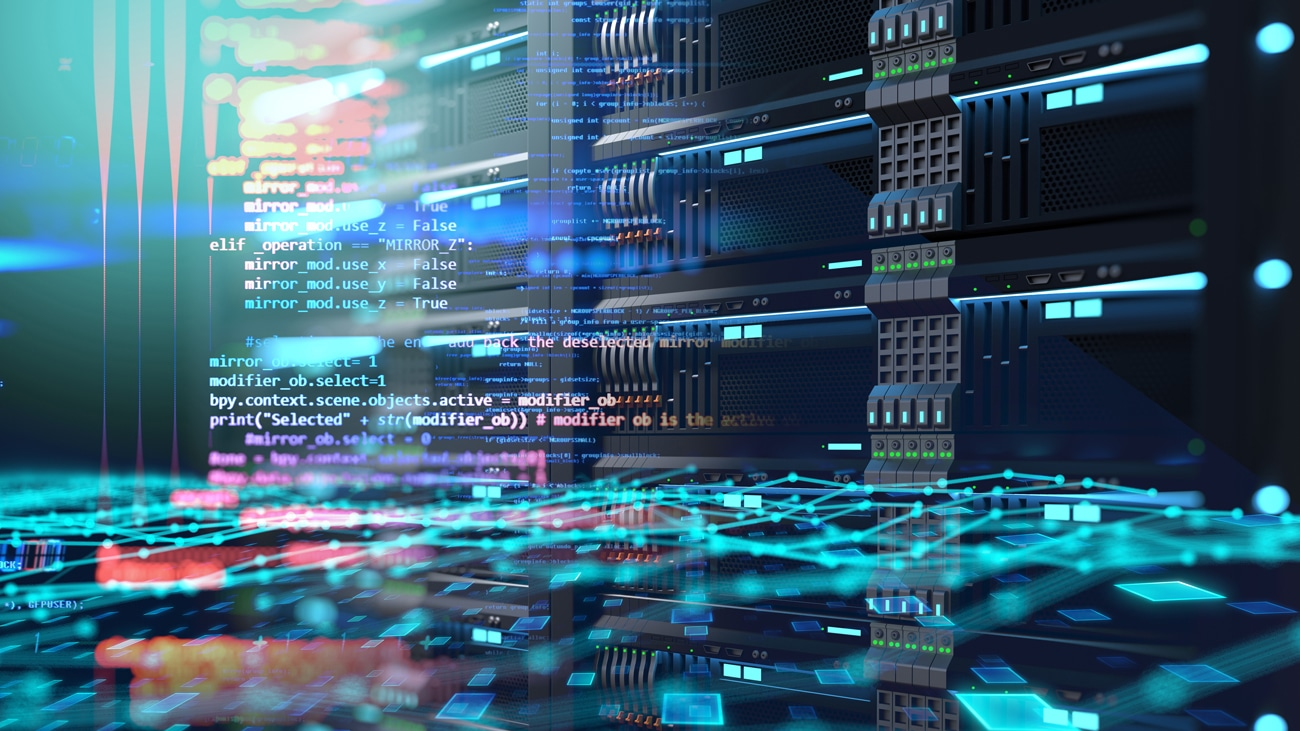 Futuristic data center server racks with digital code overlay